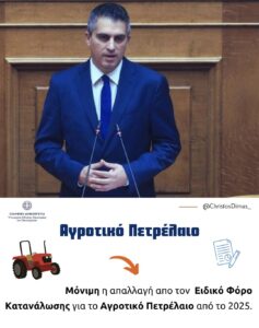Read more about the article Χρήστος Δήμας: Μόνιμη η απαλλαγή από τον Ειδικό Φόρο Κατανάλωσης για το αγροτικό πετρέλαιο από το 2025.
